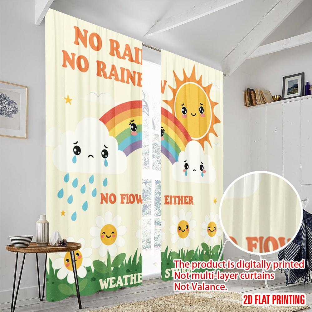 2 Stück 2D Flachdruck Vorhänge Fröhlicher Regenbogen Blume Sonne Polyester Ohne Strom Feiertagsdekorationen für Raumdeko