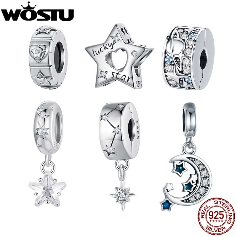 WOSTU 925 Sterling Silver Lucky Star Clip Stopper Bead For Bracelet Moon Star Planet Charm Pendant Fit DIY Neckalce Jewelry Gift