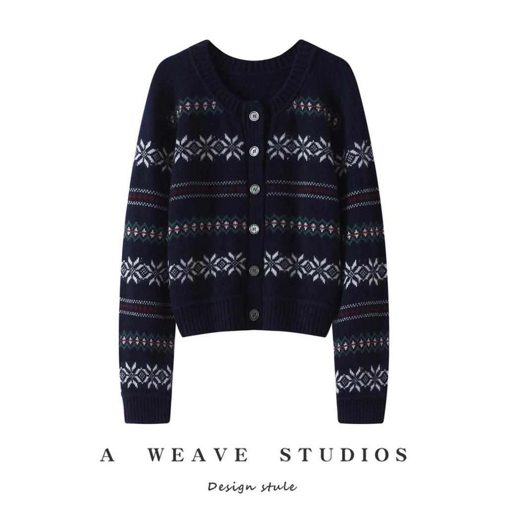 Cashmere Women's Retro Jacquard Loose Knit Cardigan - Old Money Style, Autumn Winter Fair Isle
