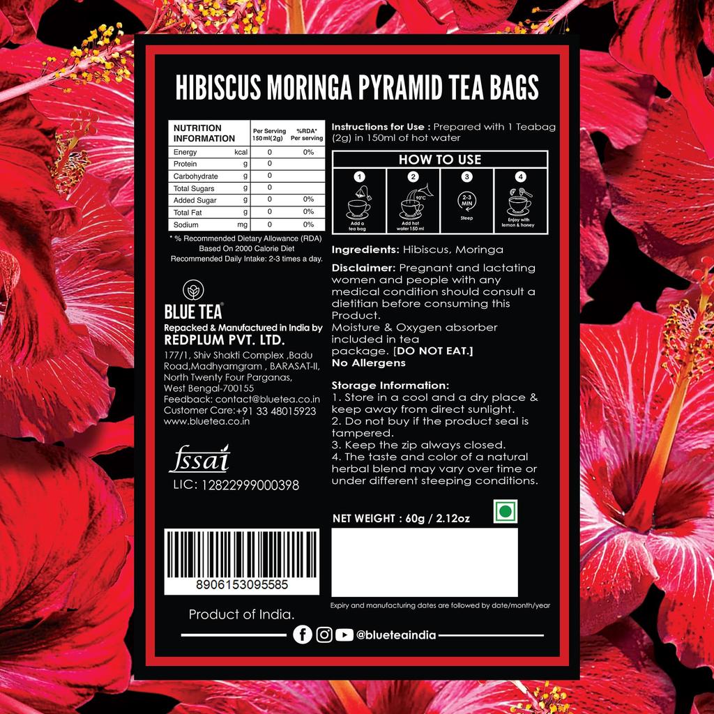 BLUE TEA - Hibiscus Moringa Tea - 30 Tea Bags - Plant Based | Rich In Antioxidants | Boosts Immunity | Glowing Skin | Supports Heart Health