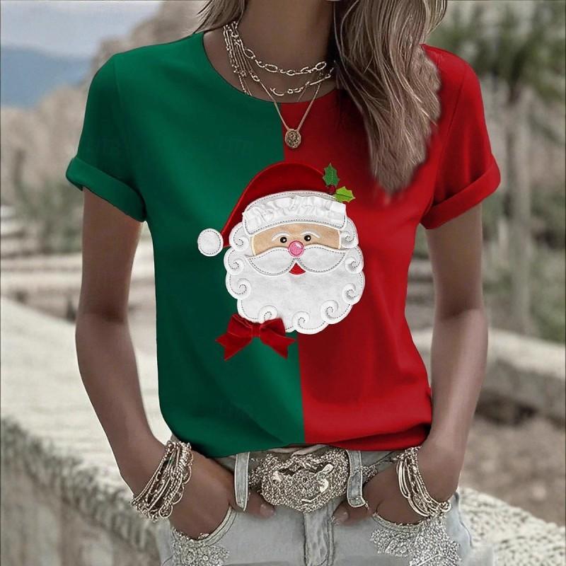 Womens Slim Fit Round Neck Short Sleeve T-Shirt With 3D Santa Claus Print Soft Cotton-Feel Fabric Casual Office Wear