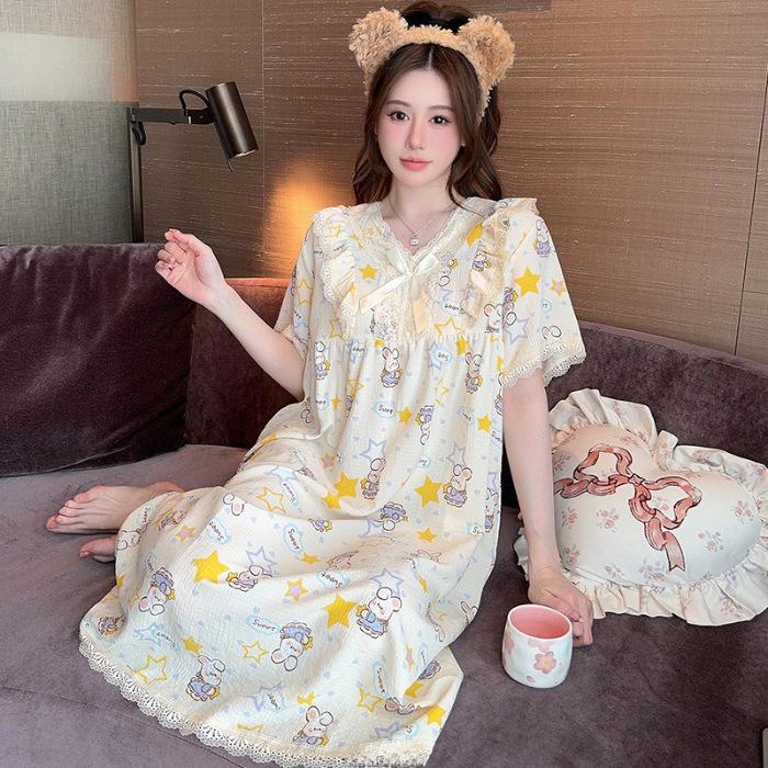 Lindo Camisón de Verano para Mujer Estilo Princesa de Dibujos Animados, Talla Grande, Manga Corta, Largo Medio