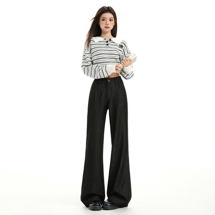 American Spice Girl micro-pull pants simple style loose high waist versatile micro-pull women's denim trousers extended black trousers