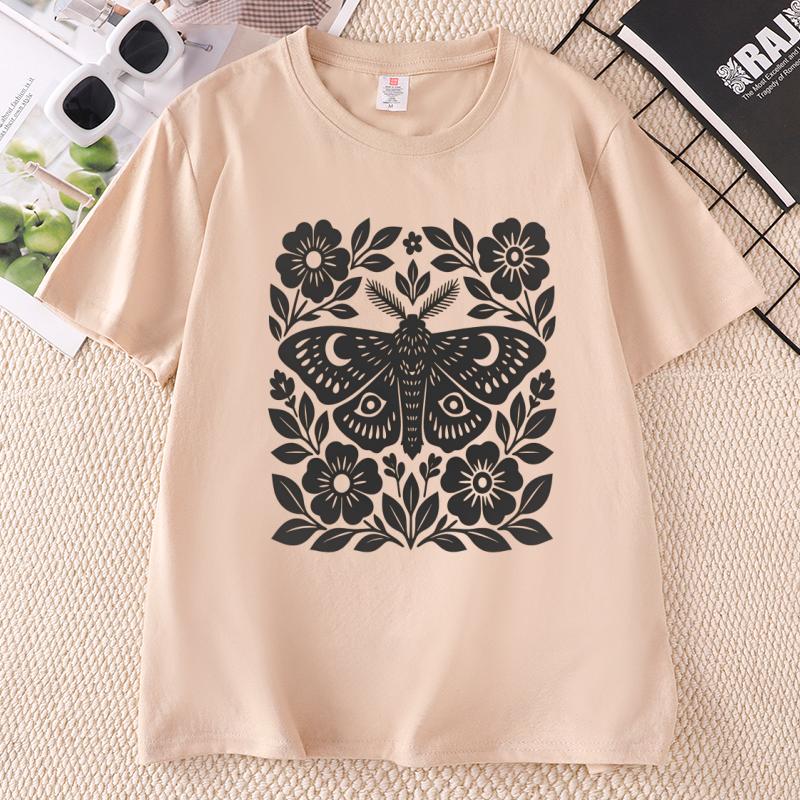 Boho Cottagecore T Shirts Moth Block Print Tshirt Unisex Short Sleeve Tshirt Casual Round Neck Tees Streetwear