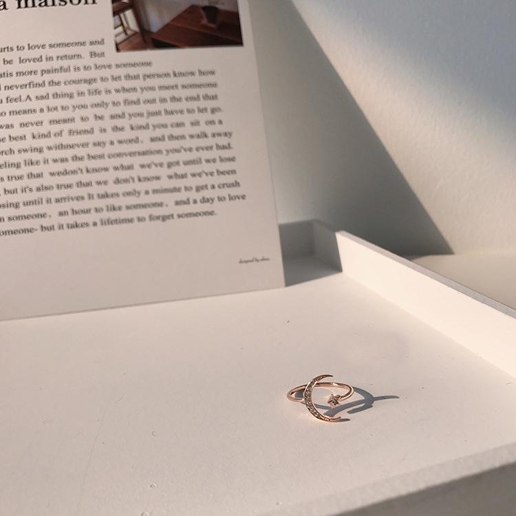 Adjustable Zircon Ring with Star & Moon - Japanese & Korean Inspired, Simple Geometric Cold Style