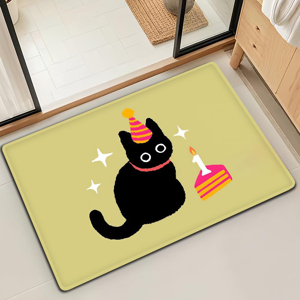 Kawaii Cute Black Cat Door Mat Bath Microfiber Decorative Versatile Flannel Floor Mat Quick Dry Absorbent Non-slip Sole