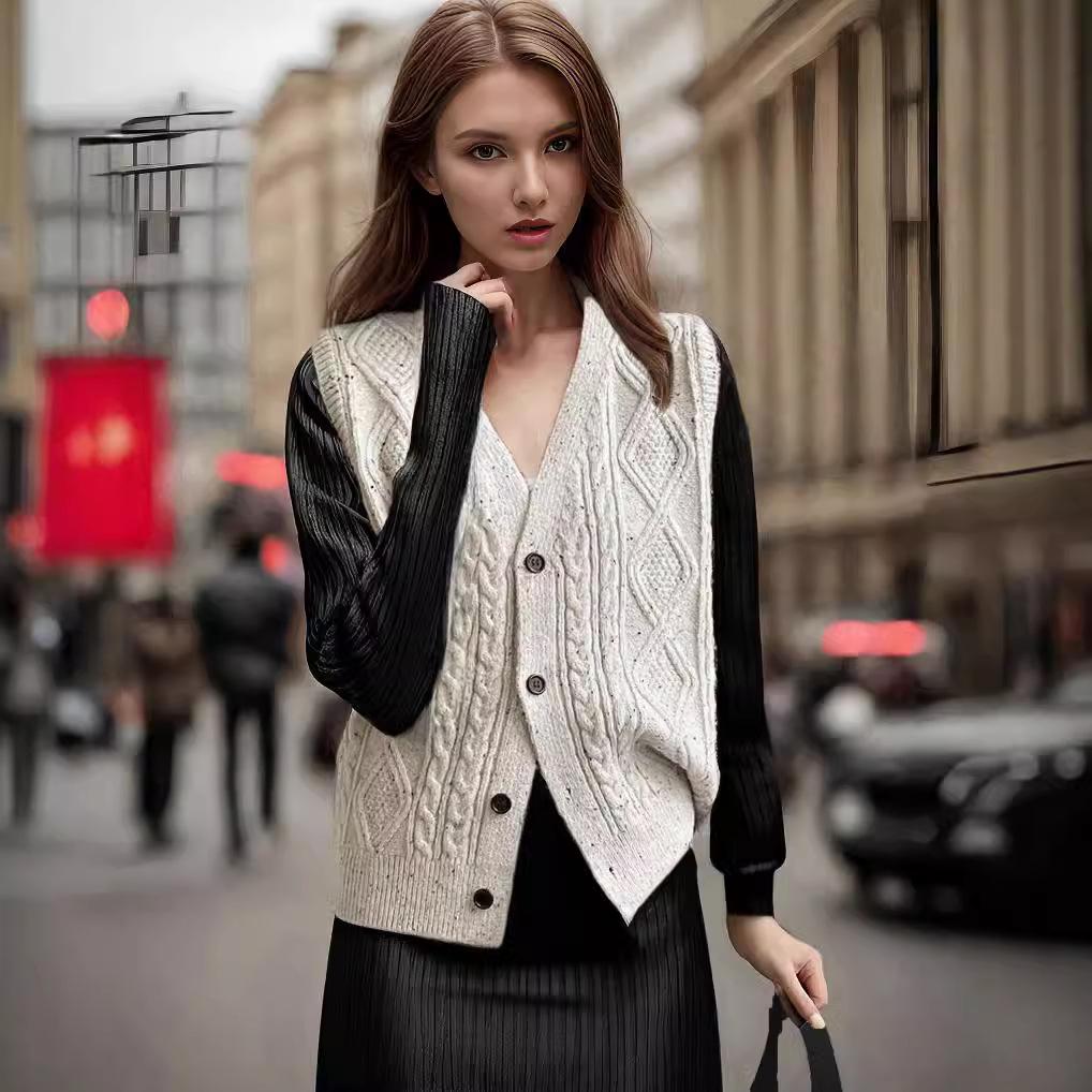 

European & American Women s Argyle Button Knit Vest - Fall/Winter Sleeveless Cardigan with Mottled Dots XXXL