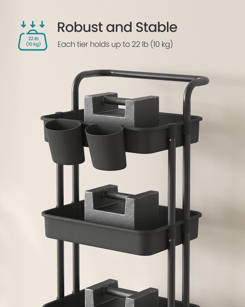 SONGMICS 4-Tier Storage Trolley, Rolling Trolley with Handle, 2 Small Organisers, Steel Frame, Steel Baskets, Utility Cart, Easy Assembly