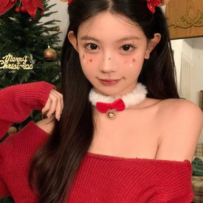 Christmas White Plush Choker Bowknot Bell Charm Fluffy Choker For Girls Women Party Necklace Fashion Jewelry New Year Gifts