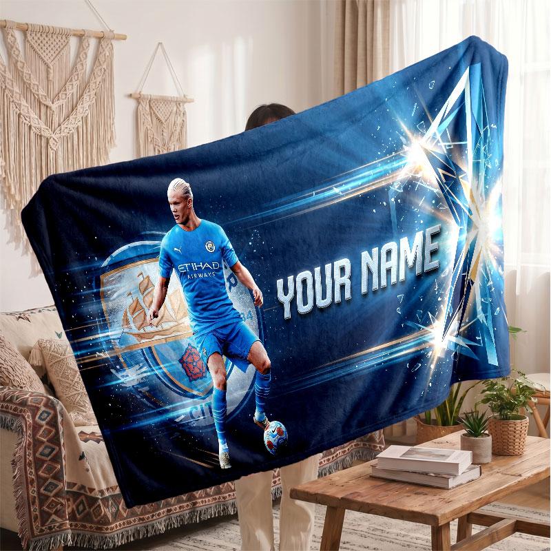 Erling Haaland Personalized Fleece Blanket With Football Logo, Custom Name Text Soft Warm Home Throw Blanket
