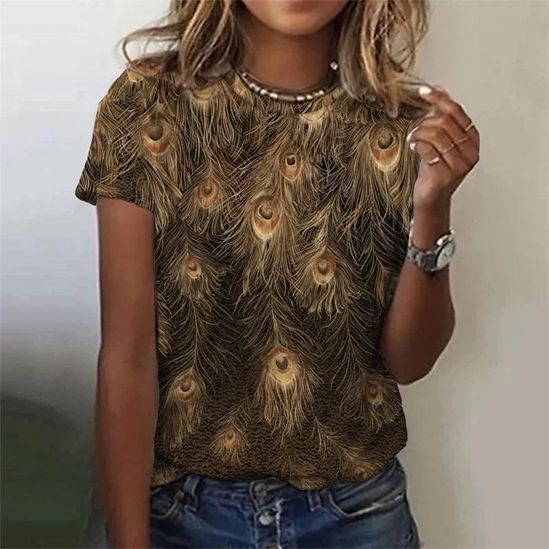 Summer Fashion Women's T-Shirt Peacock Feather 3D Printed Short Sleeve Tops Girl Loose Casual Loose Oversize Outdoor Clothing