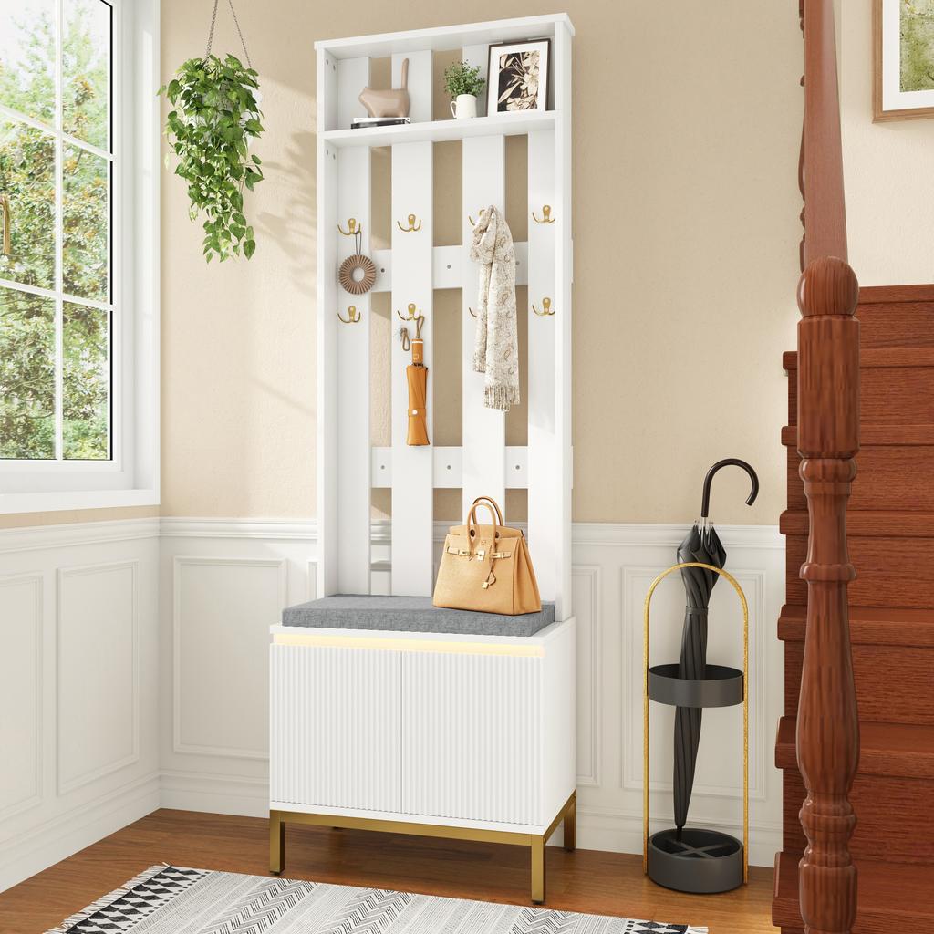 Coat Bench, White, Perforated Back Panel, 8 Golden Double Hooks, Padded Seat Bench, Wave-Front Shoe Cabinet, Height-Adjustable Shelf, LED Light Strip