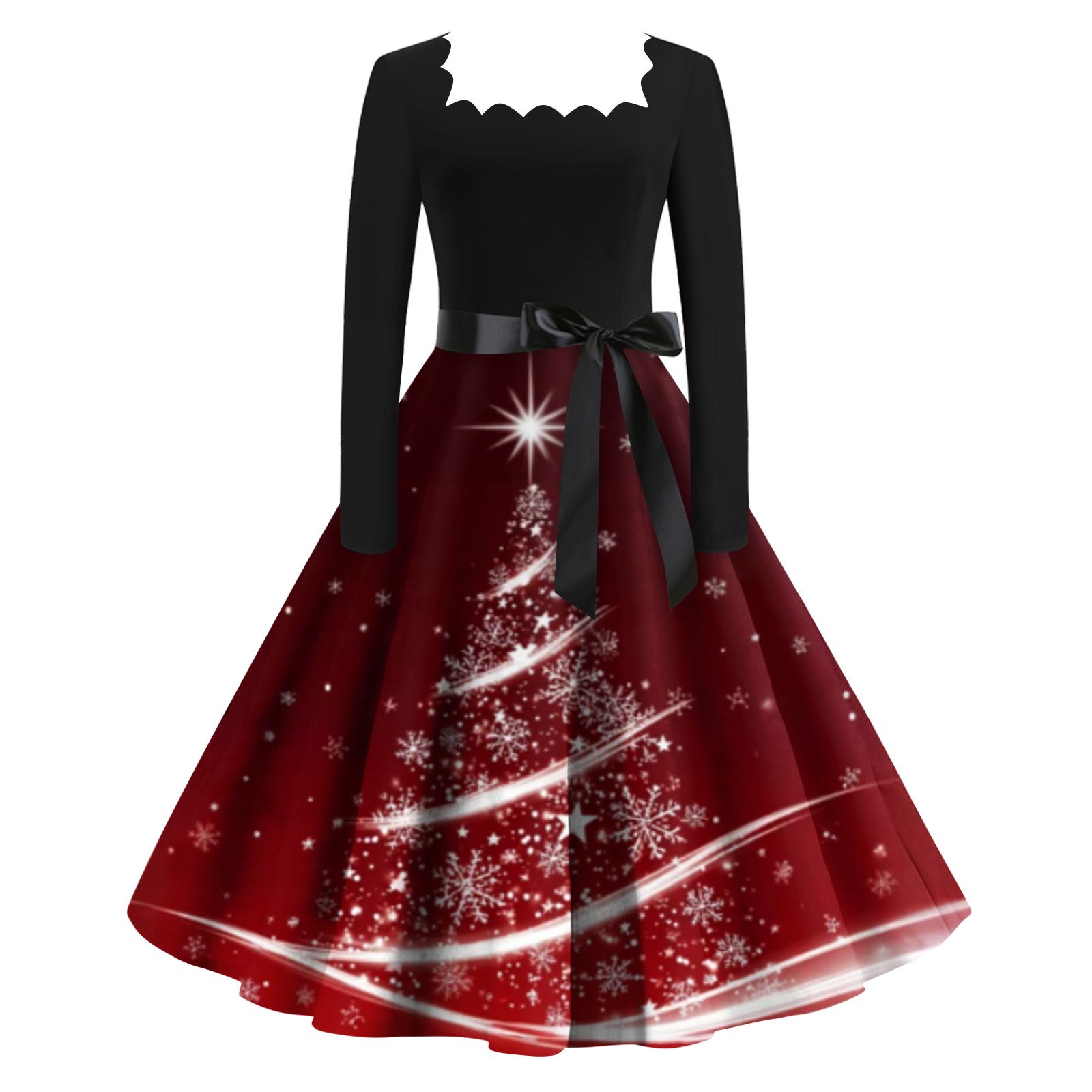 

Женское модное ретро вечернее платье с длинным рукавом, квадратным вырезом и рождественским принтом XXXL винный