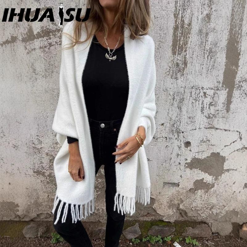 

IHUASU Женское осенне-зимнее пончо из искусственного норкового бархата с кисточками, однотонное, утолщенное, теплое, летучая мышь XXXXXL белый