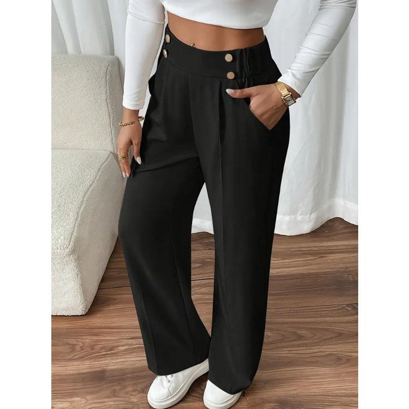 Women's High Waist Wide Leg Pants - Flowy Floor-Length Trousers Minimalist Straight Fit Lounge Pants with Elastic Wais