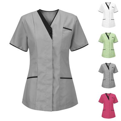 Big Size Summer Women T-shirt V Neck Pockets Short Sleeve Buttons Working Uniform for Nursing