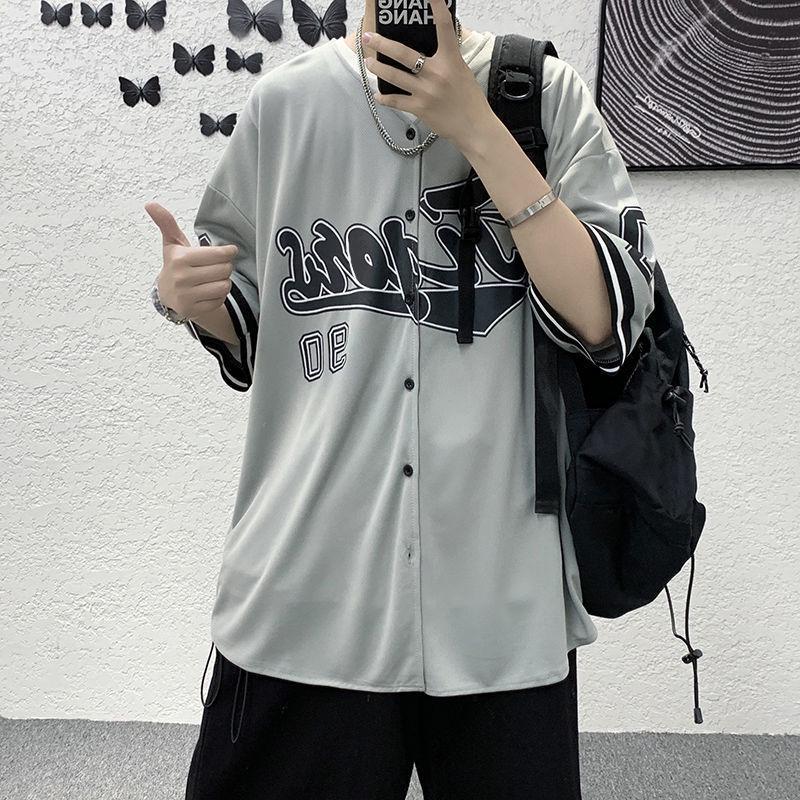 2023 Summer Men's Trendy Short-Sleeve Shirt: Hong Kong & Japanese Hip-Hop Style Cardigan Baseball Jacket