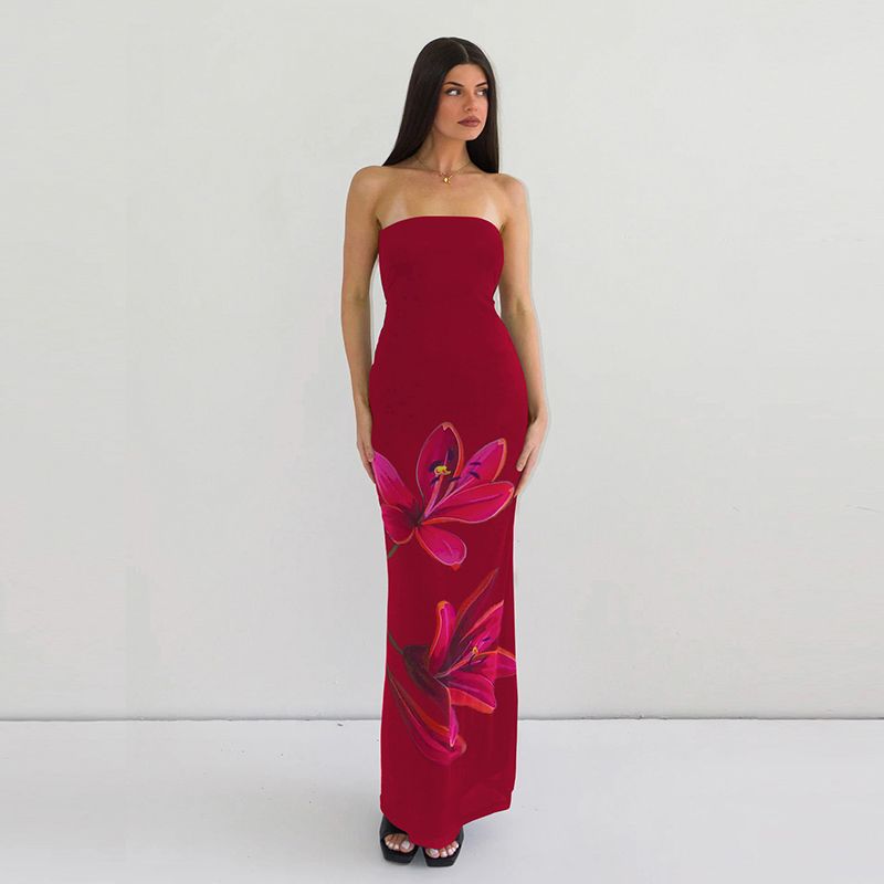 

Shemoda Double-Layer Mesh Printed Tape Lined off-Neck Tube Top Dress Lace Backless Slim Fit Long Skirt Burgundy L