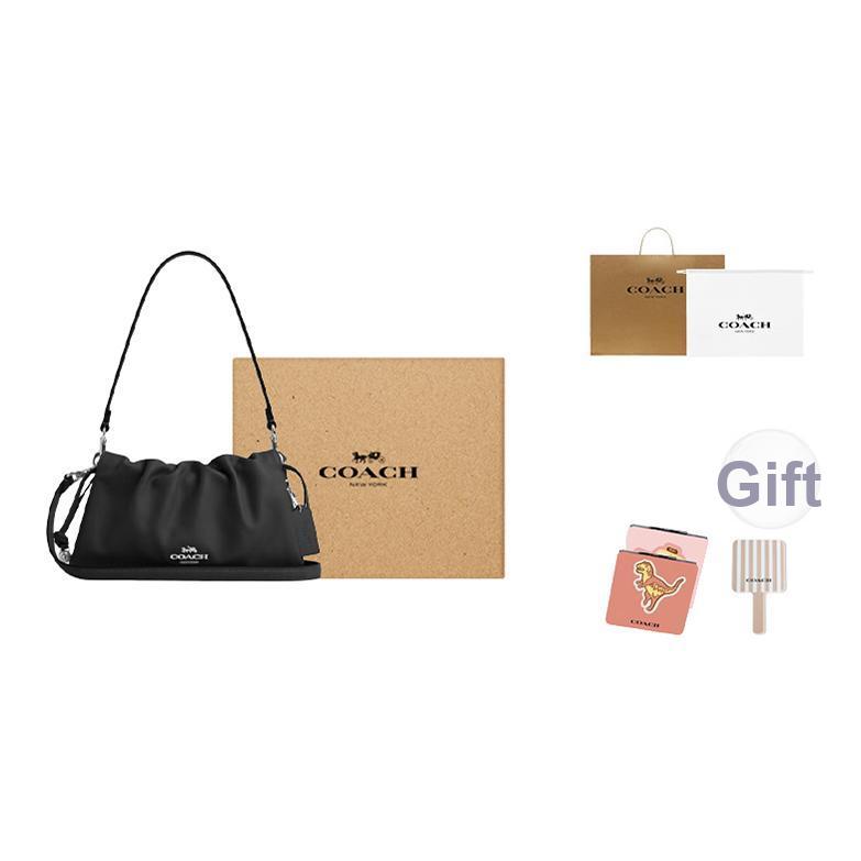 Coach Faye 26 Logo Drawstring Magnetic Closure Leather Cloud Bag Women Handbags Black CV529-SVBK