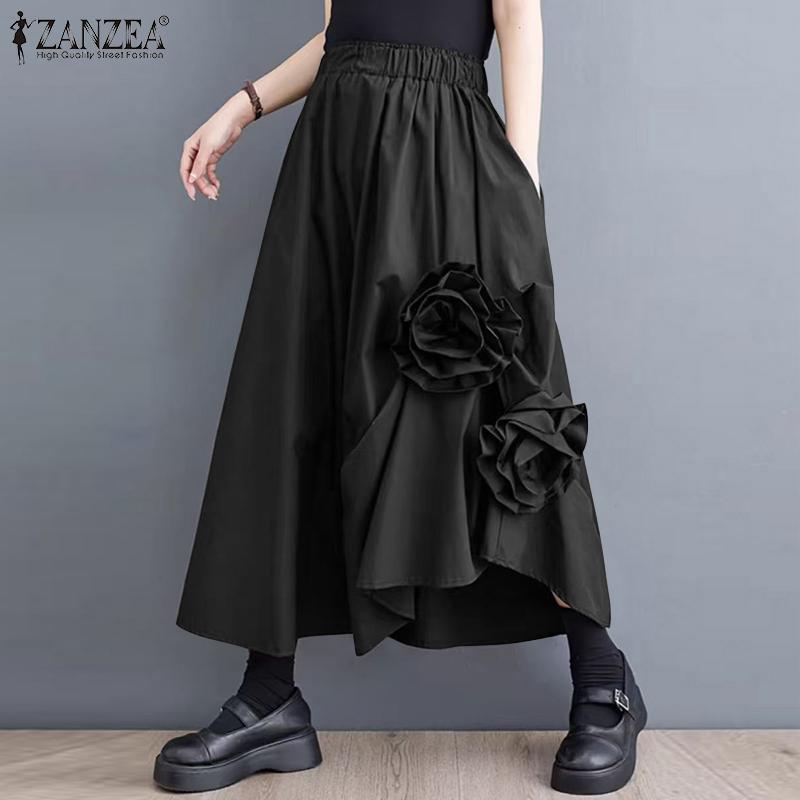 ZANZEA Kvinner Sommer Floral Ensfarge Løse A-linje skjørt