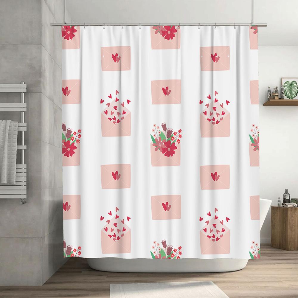 Romantic Pink Envelope Shower Curtain With Red Hearts Floral Design For Bathroom Decor 180X240Cm