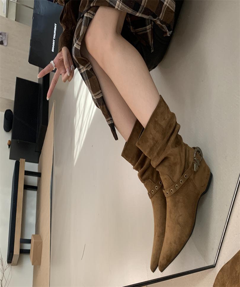 2025 autumn European and American pointed tall tube thin belt buckle knee knight boots western spice girl knight boots