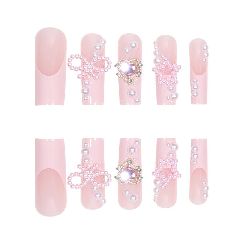Pink Cute Sweet Love Diamond Water Pipe French Pearl Bow Wearing Nail Patch Fake Nail Wholesale