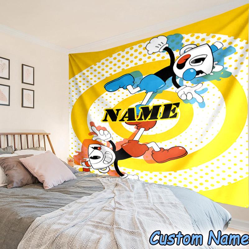 Custom Name Tapestry Cuphead Tapestry Room Decoration Wall Hanging for Living Room Bedroom, Dormitory, Birthday and Christmas Gifts
