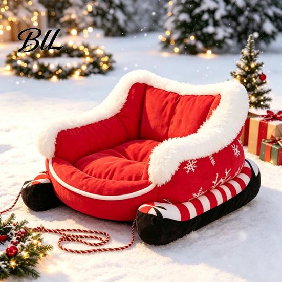 Holiday Sleigh Pet House Christmas Dog Bed with Non Slip Base, Plush Calming Sofa Durable for Cats Indoor Outdoor, Fun Puppies Anti Cat
