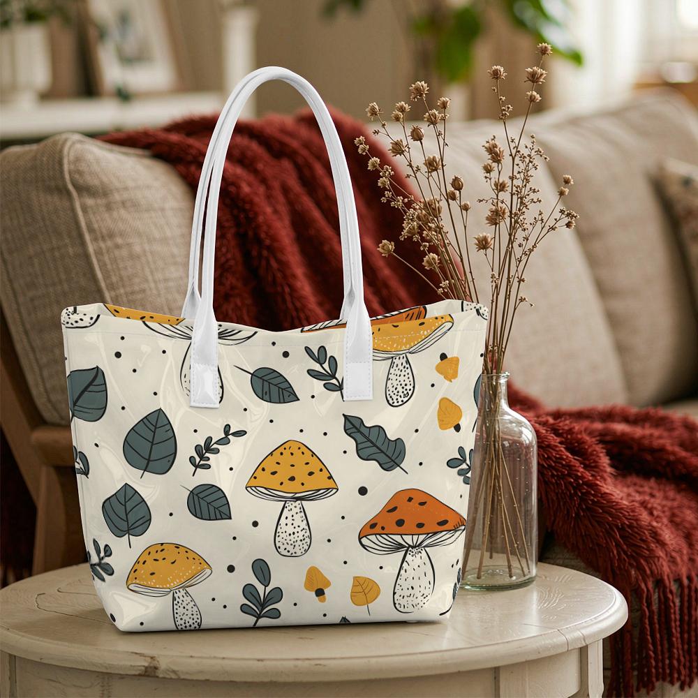 Cute Mushroom Print Casual Tote Bag Stylish Daily Use Portable Shoulder Bag for Women