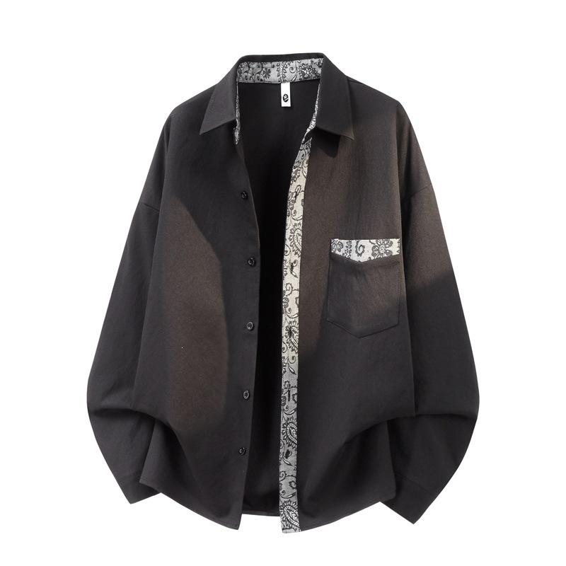Chinese Style Color Block Loose Fit Long Sleeve Shirt For Men Autumn Casual