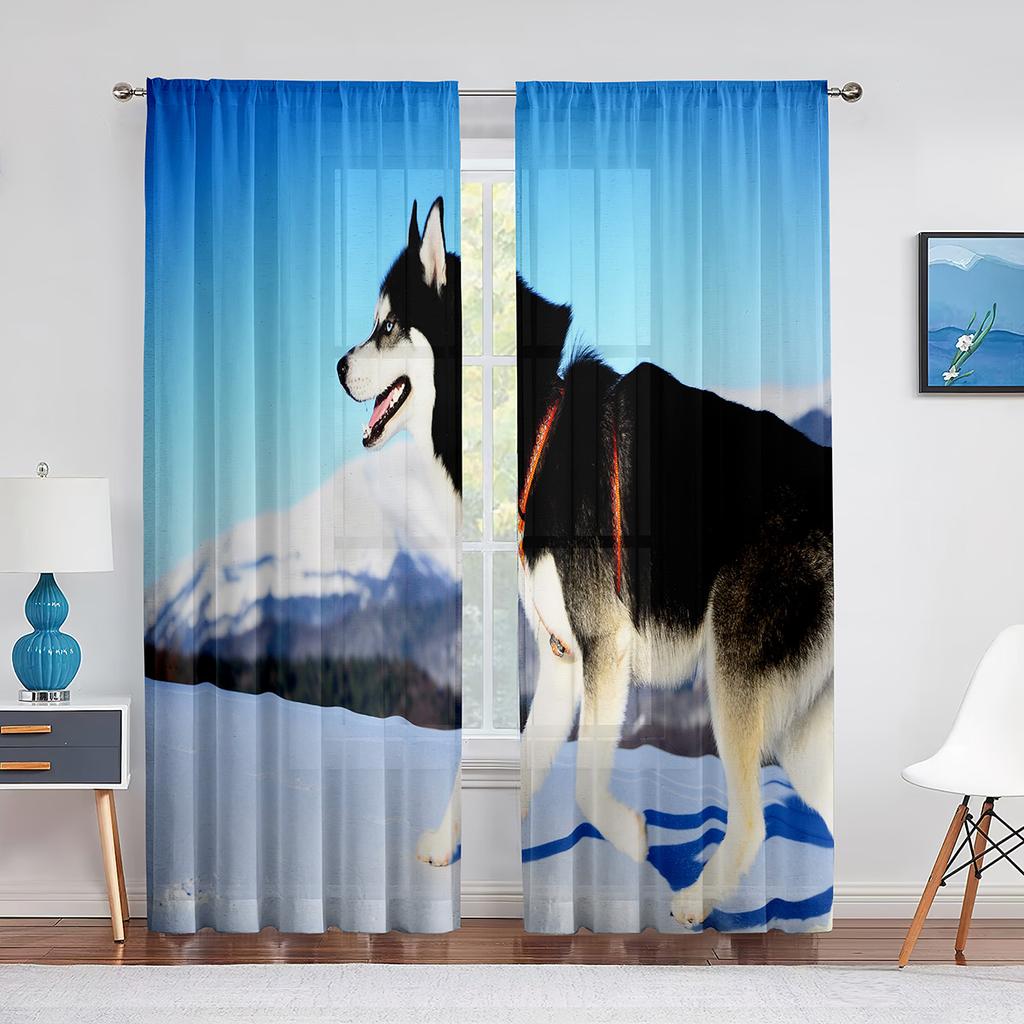 Winter Snow Husky Dog Cute Animal Puppy Sheer Voile Curtains for Living Room Bedroom Kitchen Decor Chiffon Tulle Window Curtains