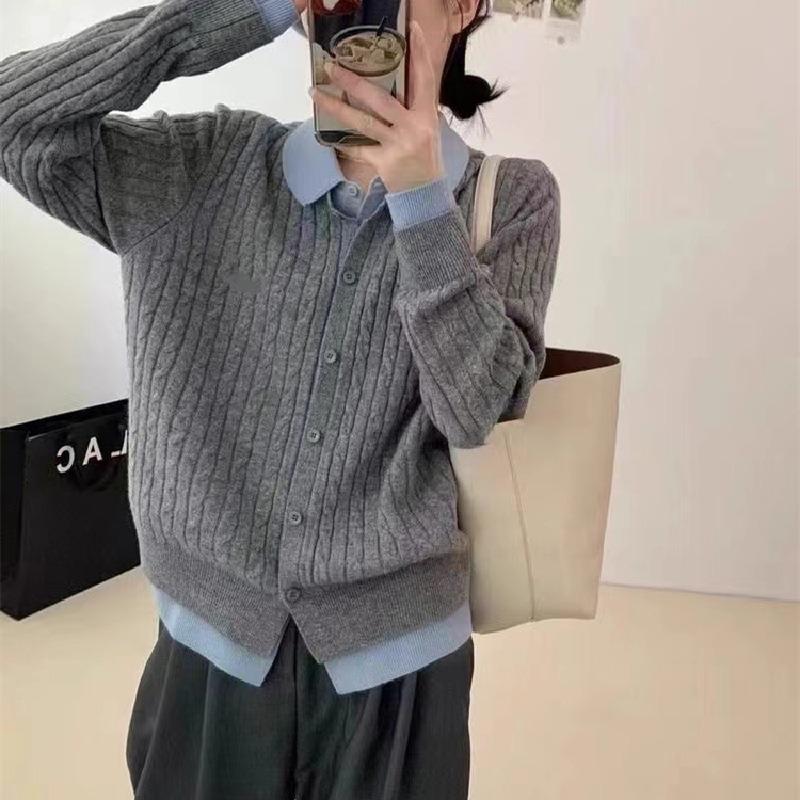 Kontrastfarbige Strickjacke für Damen, vielseitige Farbkombination, Fake-Zweiteiler mit Revers, einreihig, lässige Strickjacke für Damen