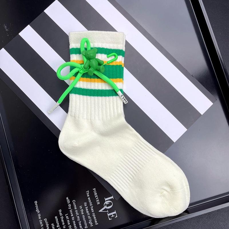 

Pink Striped Bowknot Bear Pin Decorate Kawaii Socks Women Harajuku Lolita Fashion Boot Socks Middle-calf Stockings One Size