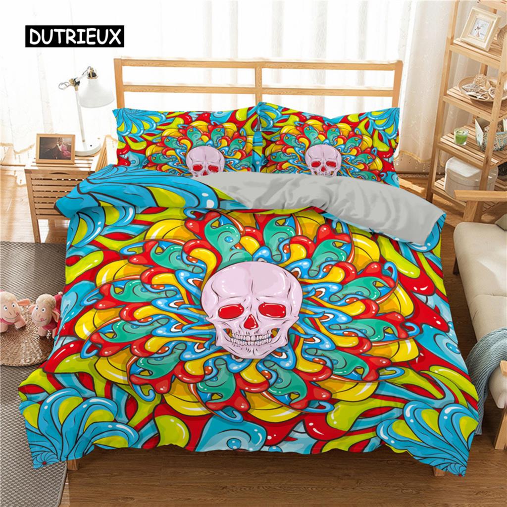 Sugar Skull King Queen Duvet Cover Cartoon Skeleton Blue Car Bedding Set for Teens Adults Halloween Day of The Dead Quilt Cover