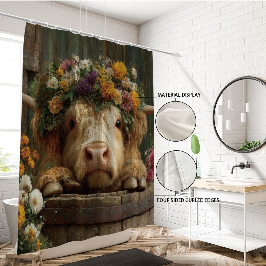1 st Highland Cow Blomtryck Vattentät Duschdraperi Partition Sekretess Hängande Draperi 12 Krok Flera Storlekar Maskintvättbar