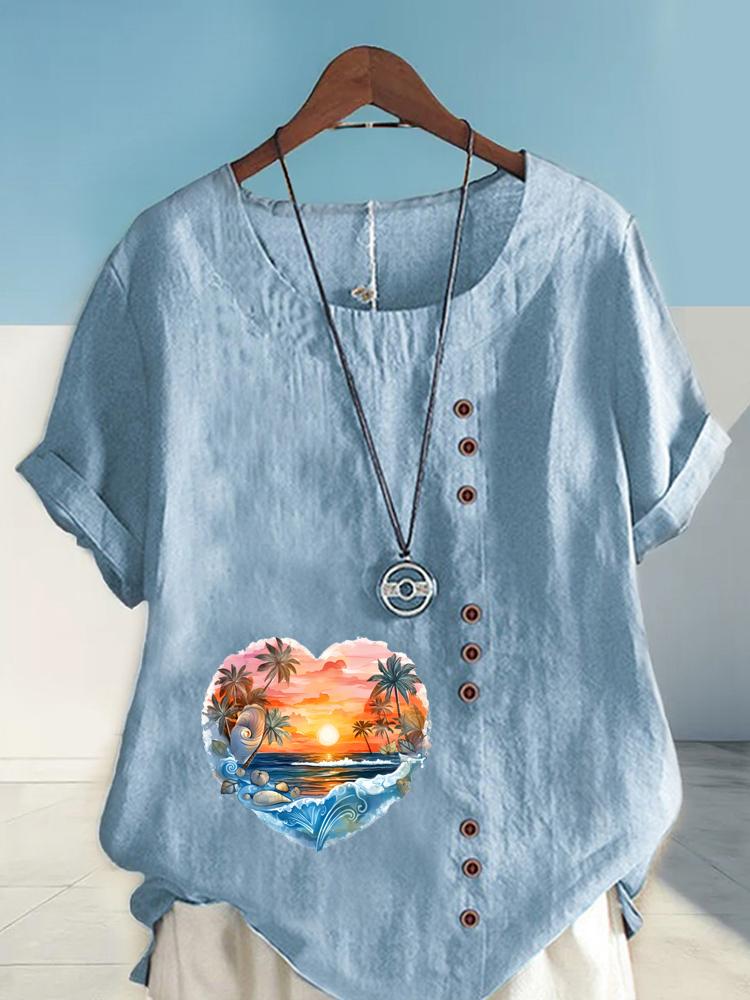 Women's Fashion Heart Shaped Scenery Print Round Neck Short Sleeve T-shirt Casual Cotton Linen Graphic Shirt Leisure Loose Summer Blouse Tops