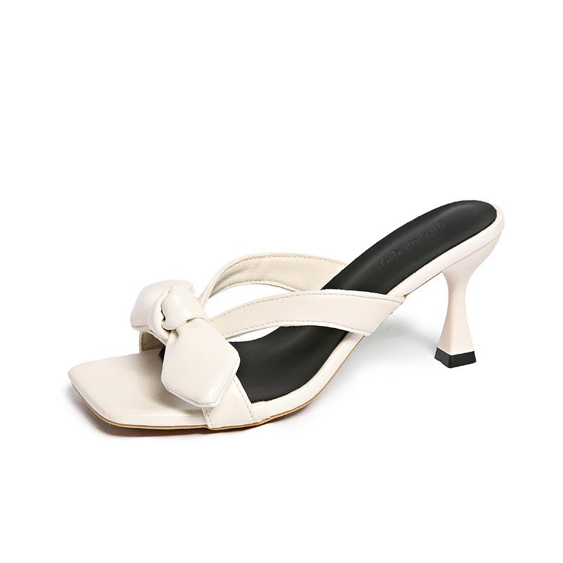 2025 New French Bow High-heeled Slippers with Thin Heels Versatile Square Head Fairy Wind Open-toed Cool Slippers