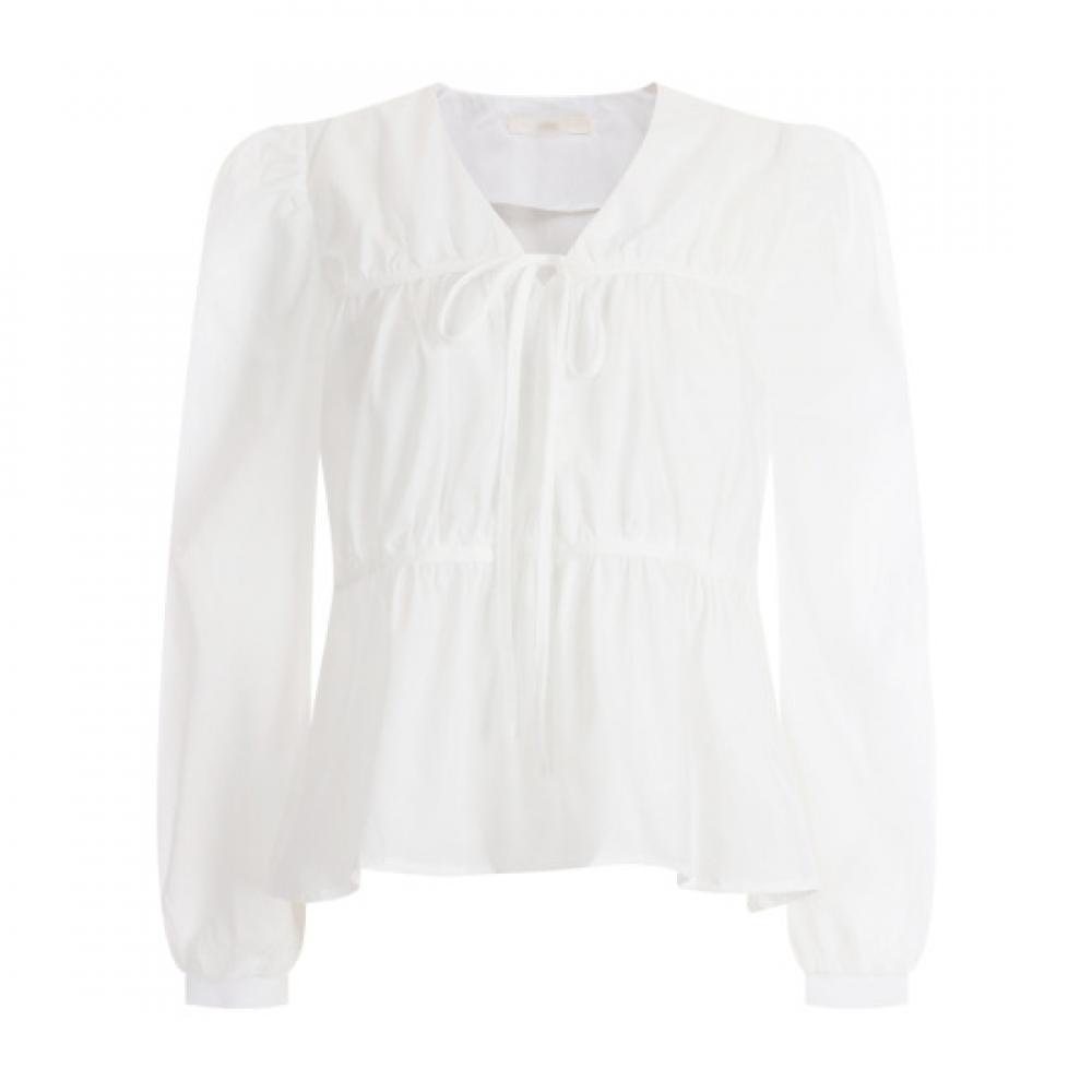 Shop Women S Cotton100 Ruffle Tie Puff Long Sleeve blouSe Ivory Ean Wbl 12088