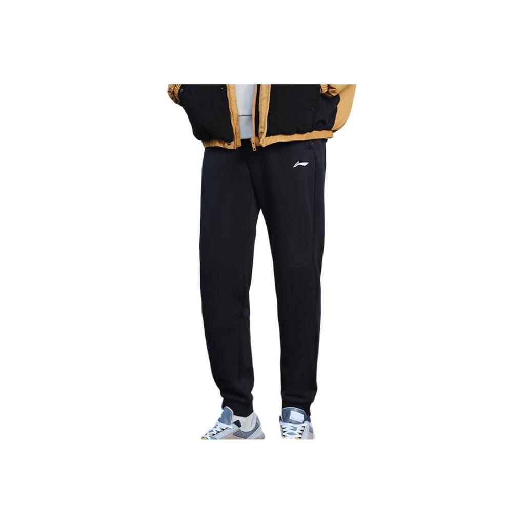 Li Ning Fitness Series Logo Print Fleece Lined Comfortable Knitted Sports Pants Men Bottoms Black AKLTC13