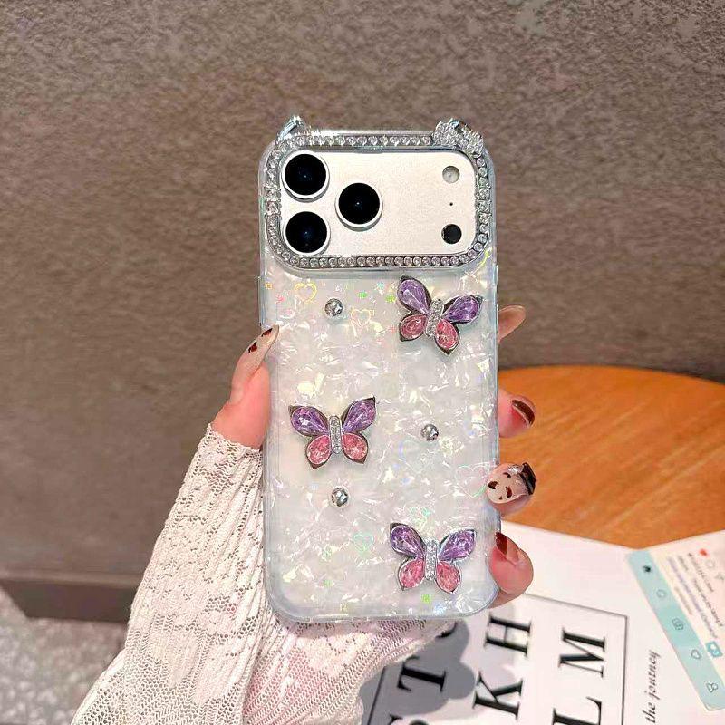 Purple Butterfly Heart Pattern Cat Frame Diamond Phone Case for iPhone 17 Pro Max/15/12 16 Pro Max