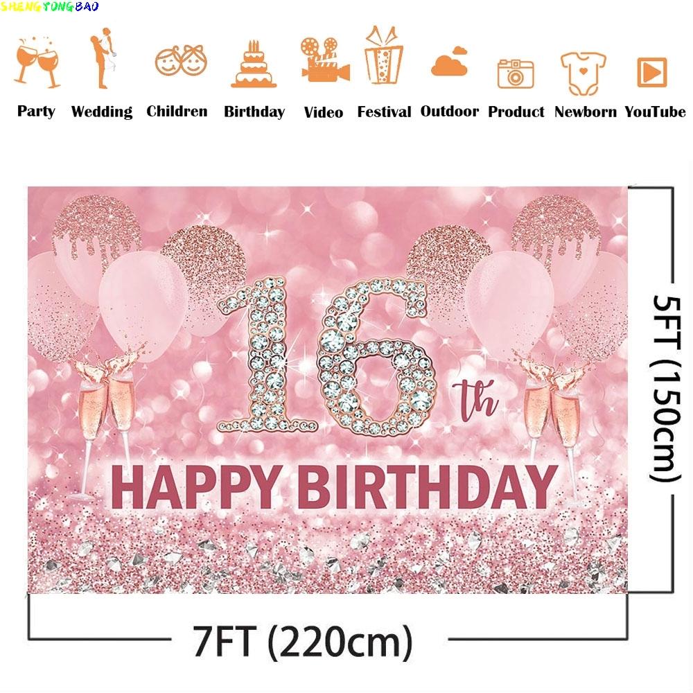 Happy 16th Birthday Backdrop for Photography Pink Glitter Girl Birthday Party Decoration Supplies Sweet 16th Champagne Backdrop