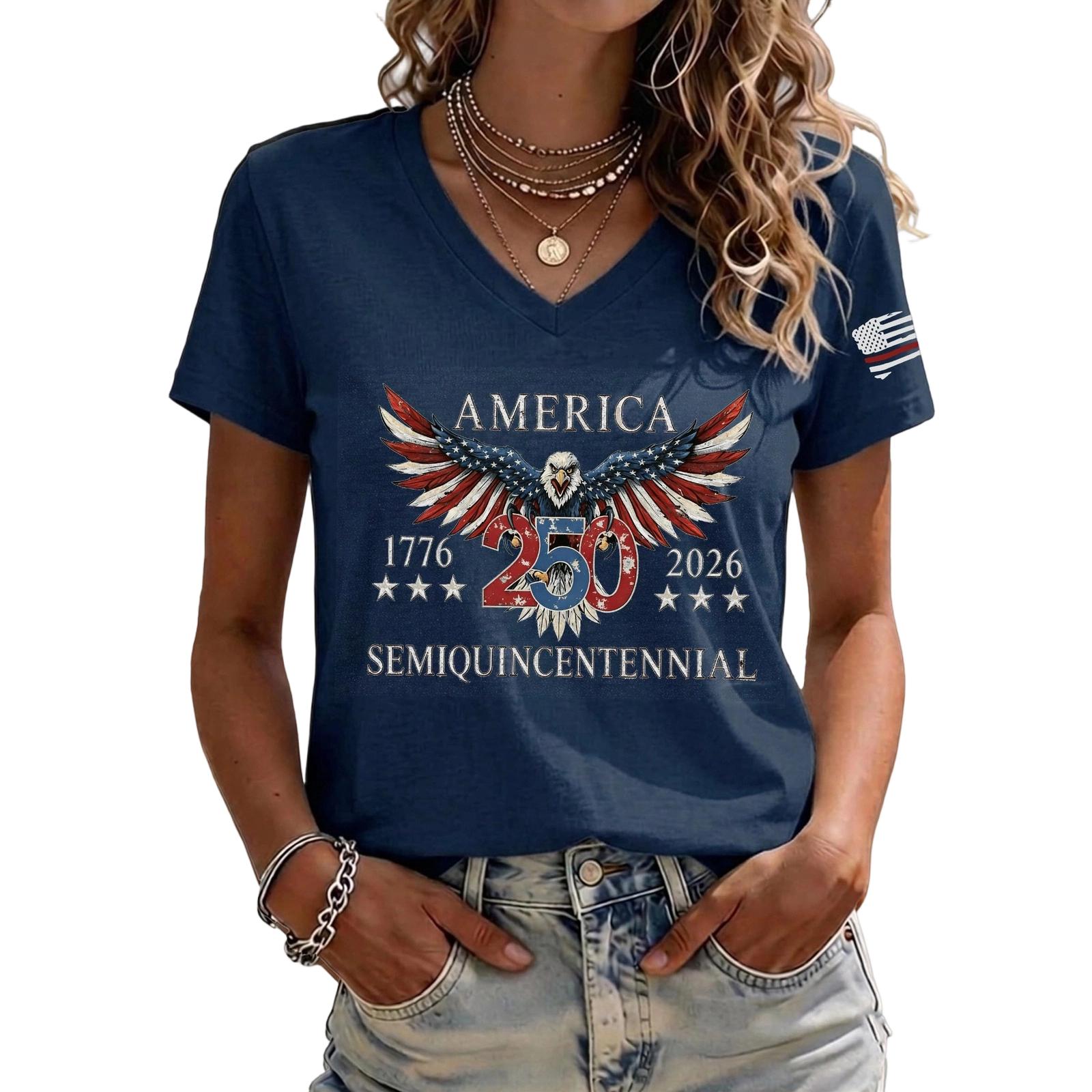 

Women s Casual V Neck Short Sleeve Pullover T Shirt Independence Day Print Top Comfortable Lightweight Summer Tee S синій