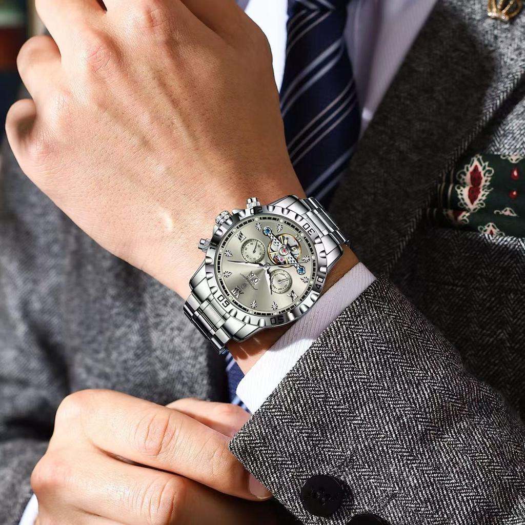 POEDAGAR Top Luxus Herrenuhr Automatisch Datum Woche Herren Armbanduhr Hohl Tourbillon Mechanisch Edelstahl Herrenuhr
