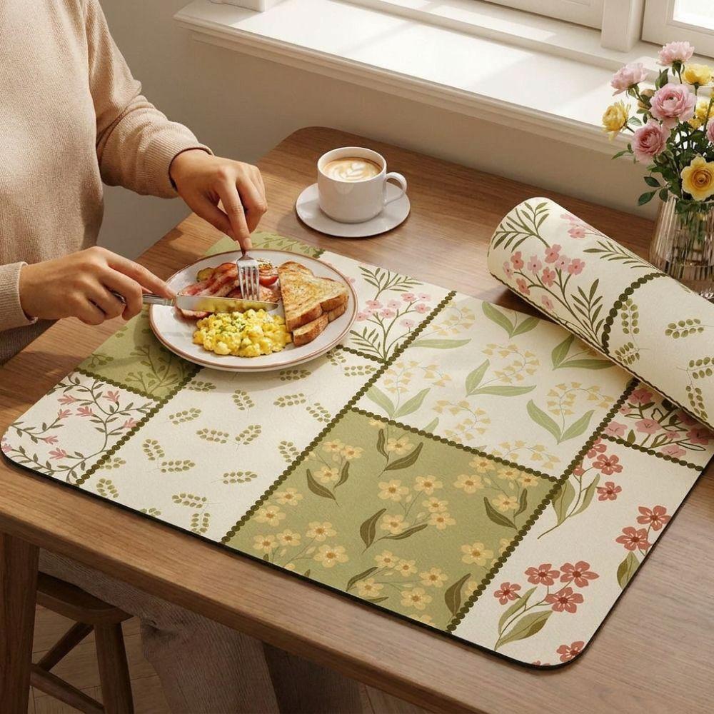 Heat Resistant Dish Drying Mat Floral Print Absorbent Mat Kitchen Drain Mat Kitchen Counter