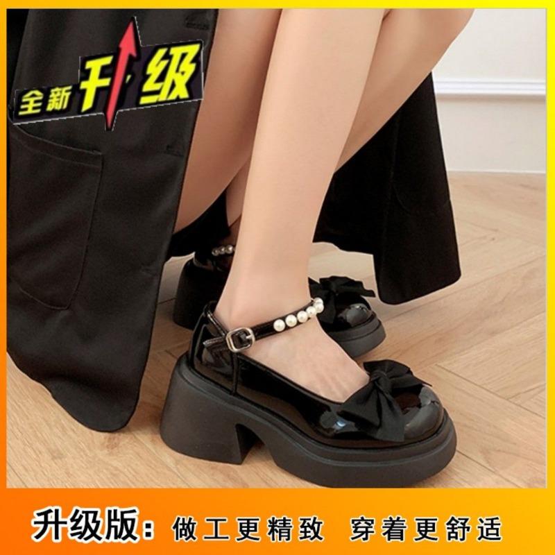 Mary Jane small leather shoes women's spring new thick-soled heightening bow with skirt thick heel high heel single shoes