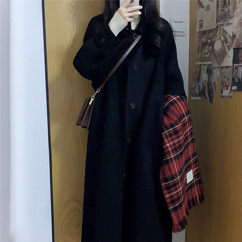 

Женское тренчкот черного цвета в корейском стиле, длинный, из толстой шерсти, верхняя одежда на осень, зиму, весну, пальто высокого класса S