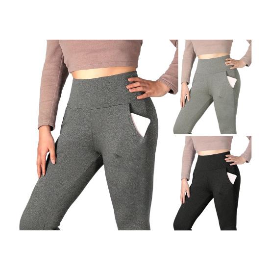 Women Leggings with Pockets Solid Color High Waist Plush Lining Thickened Warm Pants Tight Fit Cold Weather Leggings