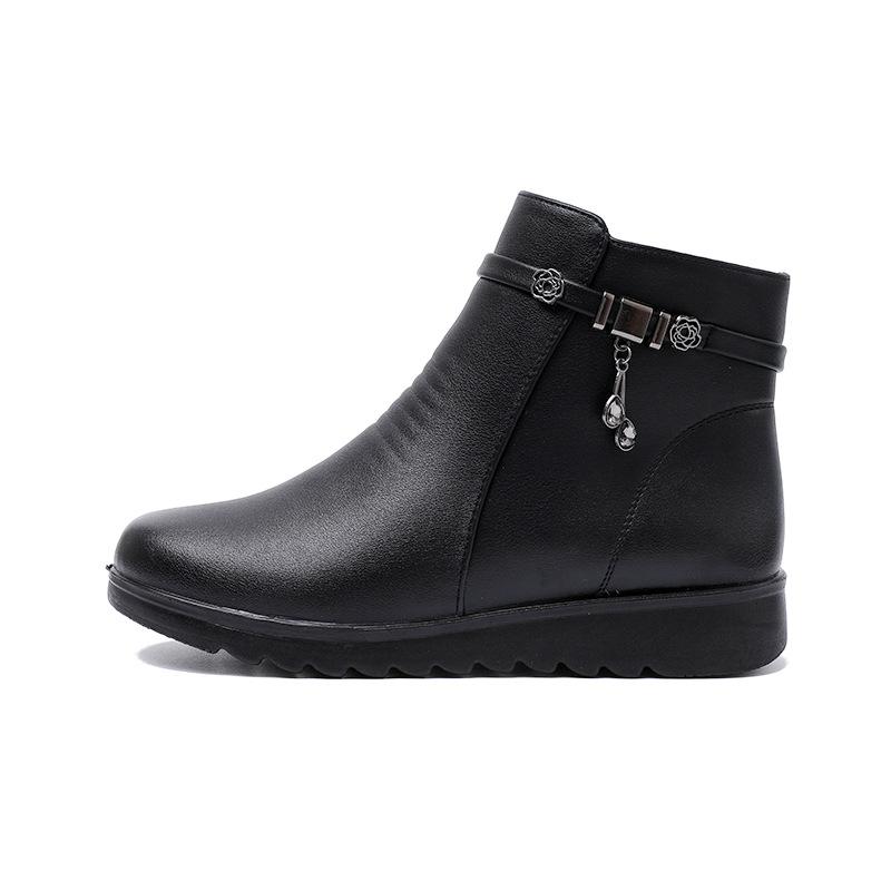 Microfiber leather mother cotton shoes winter velvet warm middle-aged and elderly women flat boots non-slip side zipper for the elderly