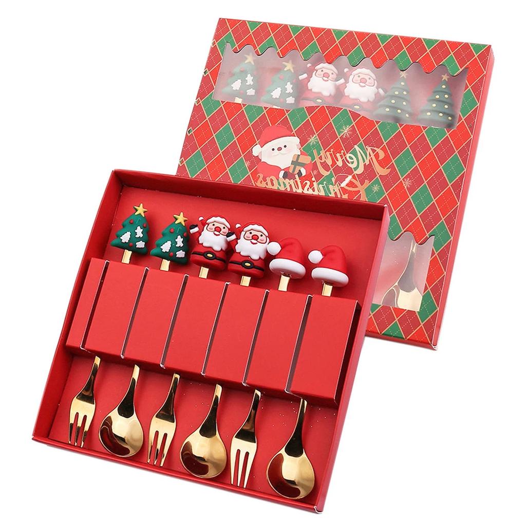 2/4/6PCS Christmas Gift Glod Spoon Fork Set Elk Christmas Cutlery Set Tree Decoration Dessert Scoop Fruit Fork Coffee Spoon